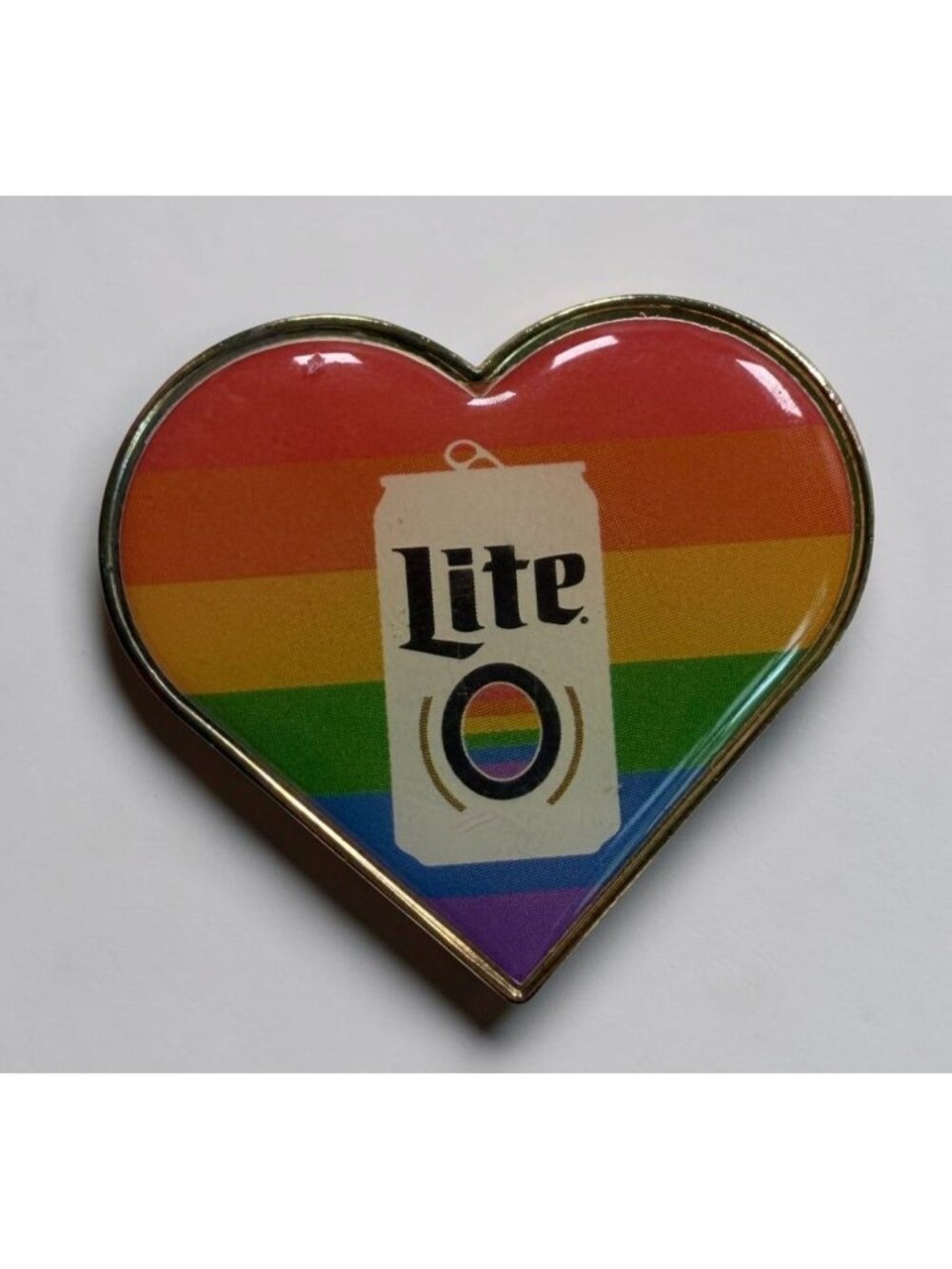 Miller Lite Rainbow Pride Flag Pin LGBTQ Gold Tone Enamel Heart Shaped